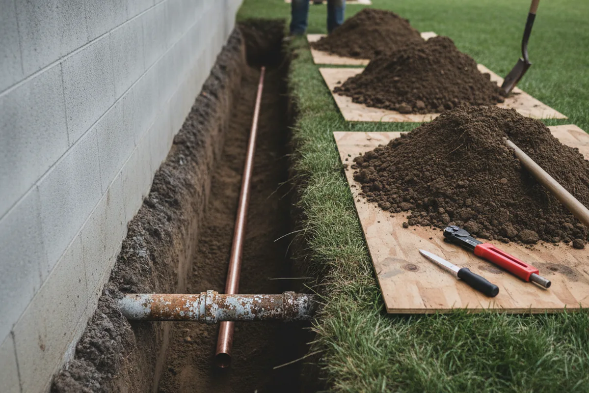Excavated water line trench during Water Softener Installation in Quinton